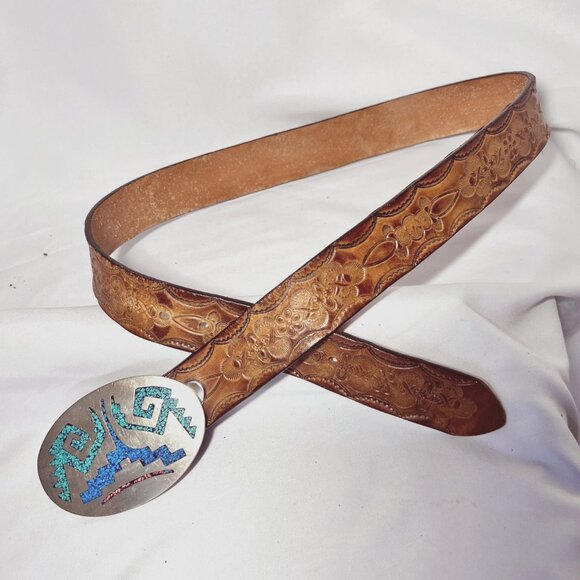 Mexican Silver-Turquoise Belt Buckle-Inlaid Stones/Chips-Tooled Leather Vintage main image 5